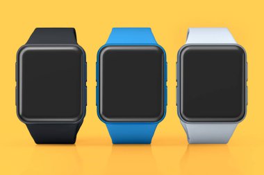 Turuncu arka planda mavi deri kayışlı akıllı saatler. Giyilebilir aygıt sağlığı ve fitness izleyicisi için 3B yorumlama kavramı