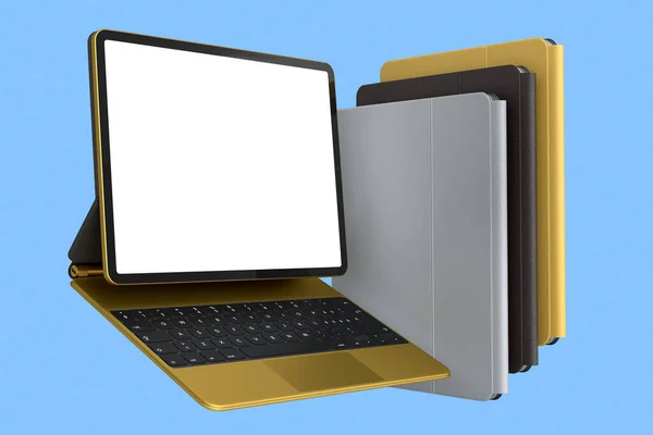 Zestaw Tabletów Komputerowych Klawiaturą Czystym Ekranem Izolowanym Niebieskim Tle Koncepcja — Zdjęcie stockowe