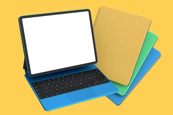노란색 배경에는 키보드와 컴퓨터 태블릿 세트가 렌더링 개념의 크리에이티브 디자이너 — 스톡 사진