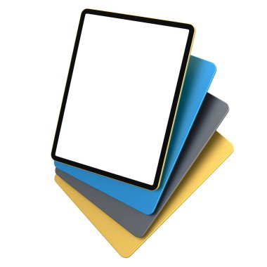 Kapaklı ve boş ekranlı bilgisayar tabletleri beyaz arkaplanda izole edildi. Yaratıcı tasarım ekipmanı ve kompakt çalışma alanı üç boyutlu oluşturma kavramı