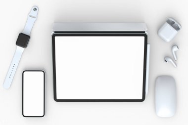Fareli bilgisayar tabletinin üst görüntüsü, akıllı saat, telefon ve kulaklıklar beyaz arka planda izole edilmiş. Yaratıcı tasarım ekipmanı ve kompakt çalışma alanı üç boyutlu oluşturma kavramı