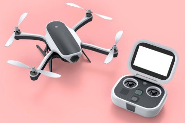 Fotoğraf ve video drone ya da hareket kamerası ve pembe arka planda uzaktan kumandalı dörtlü helikopter. Dağıtım ya da hava fotoğrafçılığı için 3B aygıt hazırlayıcı