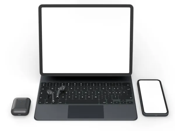 白い背景に携帯電話のヘッドフォンとアルミノートパソコン 創造的なデザイナー機器とコンパクトなワークスペースの3Dレンダリングコンセプト — ストック写真