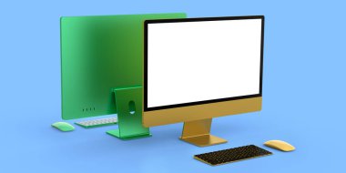 Mavi arkaplanda klavye ve fare izole edilmiş masaüstü bilgisayar ekranı. Ev stüdyosu çalışma alanı için 3B görüntüleme