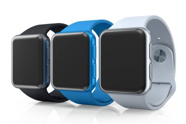 Beyaz arka planda siyah kayışı olan gümüş akıllı saatler. Giyilebilir aygıt sağlığı ve fitness izleyicisi için 3B yorumlama kavramı