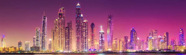 Moderní Budovy Dubajského Přístavu Noci Světly Pozadí Pohled Palm Jumeirah — Stock fotografie