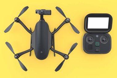 Fotoğraf ve video uzaktan kumandalı ve sarı arka planda kameralı helikopter. Dağıtım ya da hava fotoğrafçılığı için 3B aygıt hazırlayıcı