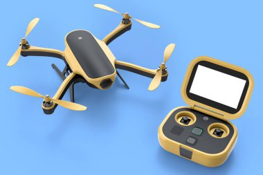 Kamera ve uzaktan kumandalı uzaktan kumandalı uzaktan kumandalı dört kişilik helikopter. Dağıtım ya da hava fotoğrafçılığı için 3B aygıt hazırlayıcı