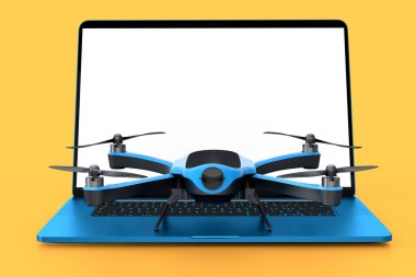 Dizüstü bilgisayar ve sarı arka planda insansız hava aracı gibi tasarımcı çalışma alanı ve fotoğraf ekipmanlarının üst görüntüsü. Çizim, çizim ve fotoğraf araçları için 3 boyutlu aksesuar oluşturma