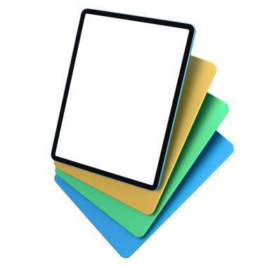 Kapaklı ve boş ekranlı bilgisayar tabletleri beyaz arkaplanda izole edildi. Yaratıcı tasarım ekipmanı ve kompakt çalışma alanı üç boyutlu oluşturma kavramı