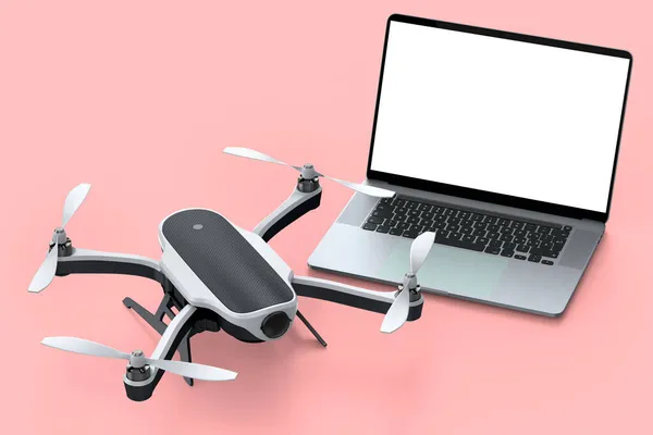 Top view of designer workspace and photography gear like laptop and drone on pink background. 3d render of accessories for drawing, sketching and photography tools
