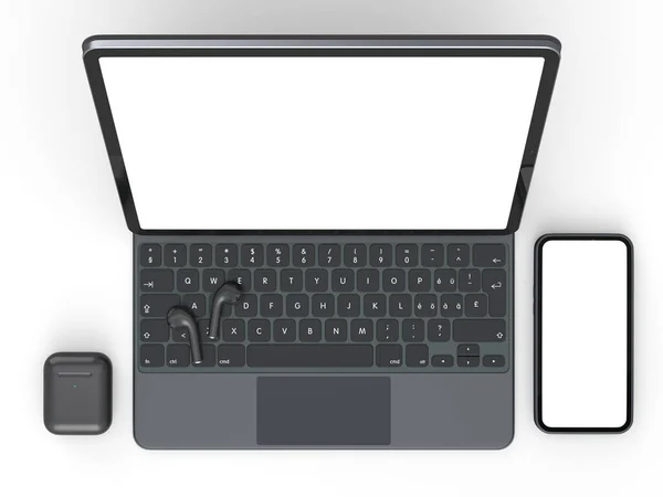배경에 헤드폰 알루미늄 노트북 렌더링 개념의 크리에이티브 디자이너 컴팩트 — 스톡 사진