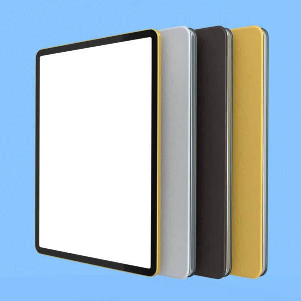 Set Tablet Computer Con Custodia Schermo Vuoto Isolato Sfondo Blu — Foto Stock