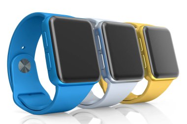 Beyaz arka planda siyah kayışı olan gümüş akıllı saatler. Giyilebilir aygıt sağlığı ve fitness izleyicisi için 3B yorumlama kavramı