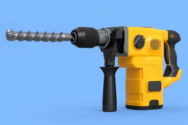 Kablolu elektrikli matkap ve bağlı metal parça mavi arka planda izole. Onarım ve kurulum için aracın 3d görüntüleme ve resimlemesi