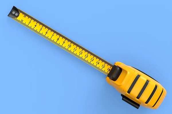 Yellow Carpenter Measuring Tape Isolated Blue Background Imperial Units Scale — Stock Photo, Image