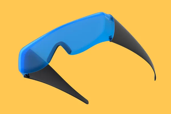 保护用蓝色塑料牙医眼镜或护目镜隔离在黄色背景下 修理和安装工具的3D渲染和说明 — 图库照片