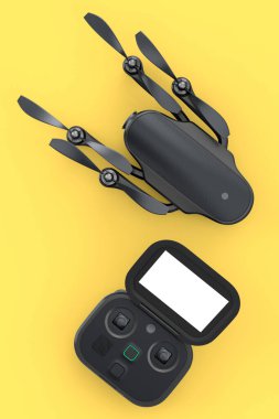 Fotoğraf ve video uzaktan kumandalı ve sarı arka planda kameralı helikopter. Dağıtım ya da hava fotoğrafçılığı için 3B aygıt hazırlayıcı