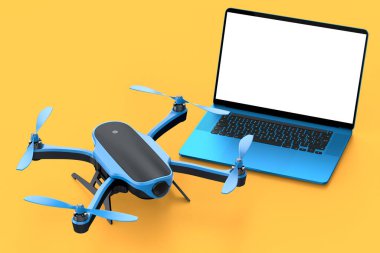 Dizüstü bilgisayar ve sarı arka planda insansız hava aracı gibi tasarımcı çalışma alanı ve fotoğraf ekipmanlarının üst görüntüsü. Çizim, çizim ve fotoğraf araçları için 3 boyutlu aksesuar oluşturma