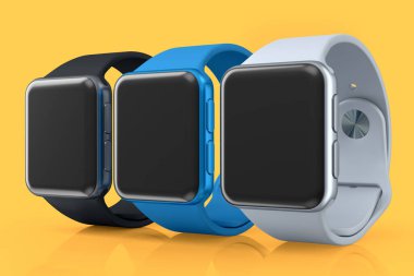 Turuncu arka planda mavi deri kayışlı akıllı saatler. Giyilebilir aygıt sağlığı ve fitness izleyicisi için 3B yorumlama kavramı