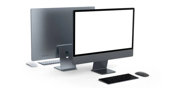 Desktop Bildschirm Mit Tastatur Und Maus Isoliert Auf Weißem Hintergrund — Stockfoto