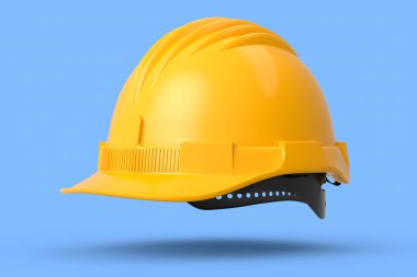 Sarı güvenlik kaskı ya da mavi arka planda izole edilmiş sert başlık. 3D görüntüleme ve başlık ve tamirci araçları illüstrasyonu