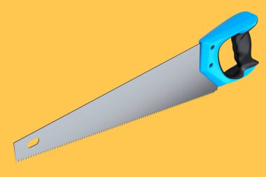 Turuncu arka planda izole edilmiş sert dişli el testeresi. Marangozluk işi veya ahşap araçları için 3d görüntüleme ve illüstrasyon