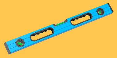 Turuncu arka planda ruh seviyesi aracı oluşturuluyor. Tamir ve inşa etmek için kullanılan aracın 3d görüntülenmesi ve çizimi