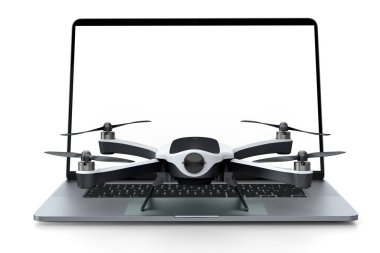 Dizüstü bilgisayar ve insansız hava aracı gibi tasarımcı çalışma alanı ve fotoğraf ekipmanlarının üst görüntüsü beyaz masa arkasında. Çizim, çizim ve fotoğraf araçları için 3 boyutlu aksesuar oluşturma