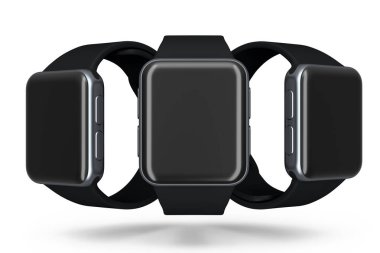 Beyaz arkaplandaki akıllı saat ya da fitness izleyicisi... giyilebilir aygıt sağlığı ve fitness izleyicisinin 3 boyutlu oluşturma konsepti