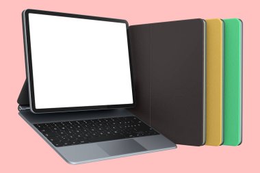 Pembe arkaplanda klavyeli ve boş ekranlı bilgisayar tabletleri. Yaratıcı tasarım ekipmanı ve kompakt çalışma alanı üç boyutlu oluşturma kavramı