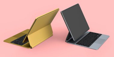 Pembe arkaplanda klavyeli ve boş ekranlı bilgisayar tabletleri. Yaratıcı tasarım ekipmanı ve kompakt çalışma alanı üç boyutlu oluşturma kavramı