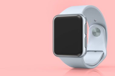 Pembe arka planda beyaz kayışı olan paslanmaz gümüş akıllı saat. Giyilebilir aygıt sağlığı ve fitness izleyicisi için 3B yorumlama kavramı