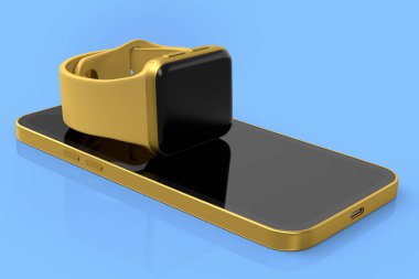 Mavi arka planda akıllı telefonun üzerinde duran akıllı saatlerin bir kopyası. Giyilebilir aygıt sağlık ve fitness izleyicisinin 3B görüntüleme konsepti