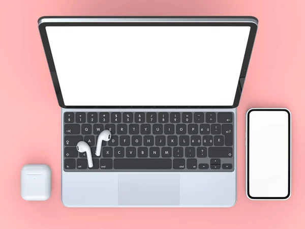 Алюмінієвий Ноутбук Мобільними Навушниками Рожевому Фоні Концепція Візуалізації Креативного Дизайнерського — стокове фото