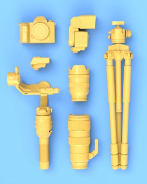 Var olmayan DSLR kamera, lens, tripod ve mavi arka planda ışık parlamaları gibi tasarımcı çalışma alanı ve teçhizatının üst görüntüsü. İllüstratör ve fotoğrafçılık araçları için aksesuarların 3d görüntülenmesi