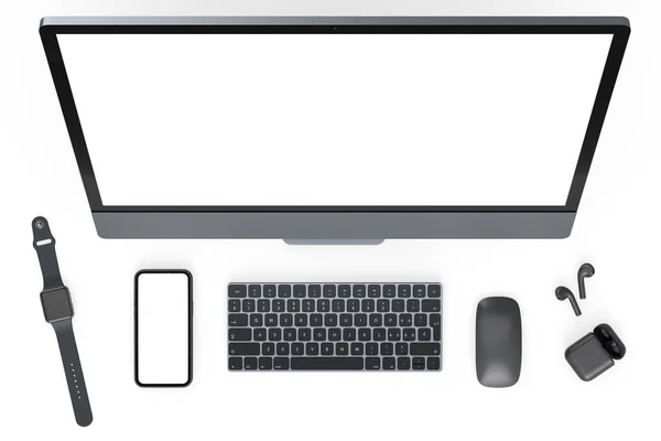 キーボード マウス スマートウォッチ 携帯電話と白い背景にヘッドフォンでデスクトップコンピュータのトップビュー 創造的なデザイナー機器とコンパクトなホームワークスペースの3Dレンダリングコンセプト — ストック写真