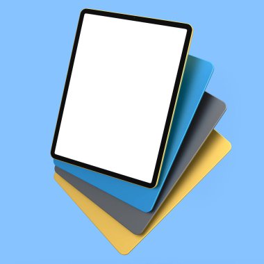 Mavi arkaplandaki boş ekran ve kapaklı bilgisayar tabletleri. Yaratıcı tasarım ekipmanı ve kompakt çalışma alanı üç boyutlu oluşturma kavramı