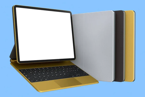 Set of computer tablets with keyboard and blank screen isolated on blue background. 3D rendering concept of creative designer equipment and compact workspace