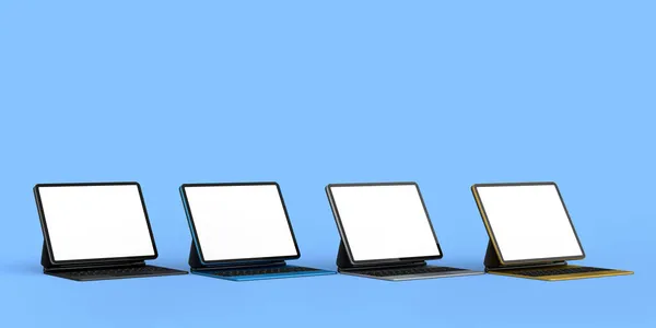 키보드와 화면이 컴퓨터 태블릿 세트가 파란색 배경에 분리되어 렌더링 개념의 — 스톡 사진