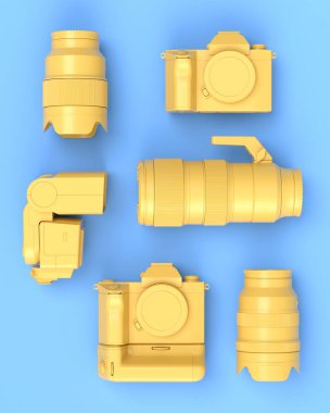 Var olmayan DSLR kamera, lens ve mavi arka planda hız lambası gibi tasarımcı çalışma alanının ve teçhizatının üst görüntüsü. İllüstratör ve fotoğrafçılık araçları için aksesuarların 3d görüntülenmesi