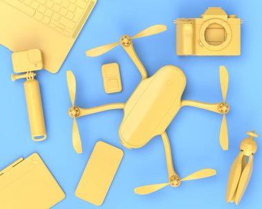 Dizüstü bilgisayar, DSLR, insansız hava aracı, cep telefonu ve mavi masa arkaplanındaki kamera gibi tasarımcıların çalışma alanlarının ve teçhizatlarının üst görüntüsü. Video ve fotoğrafçılık araçları için aksesuarların 3d görüntülenmesi