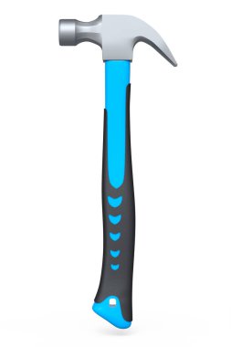 Siyah ve mavi çekiç, beyaz arka planda izole edilmiş lastik saplı. Tamir ve inşa etmek için kullanılan aracın 3d görüntülenmesi ve çizimi