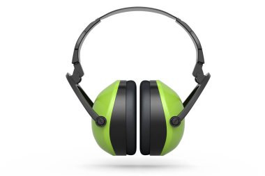 Beyaz arka planda izole edilmiş koruyucu yeşil kulaklıklar. Tamir ve inşa etmek için kullanılan aracın 3d görüntülenmesi ve çizimi