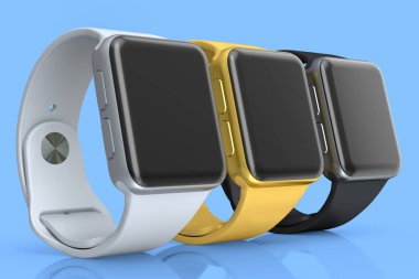 Mavi arkaplanda izole edilmiş altın akıllı saat ya da fitness izleyici seti.