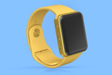 Mavi arkaplanda paslanmaz altın akıllı saat veya fitness izleyicisi izole edildi.