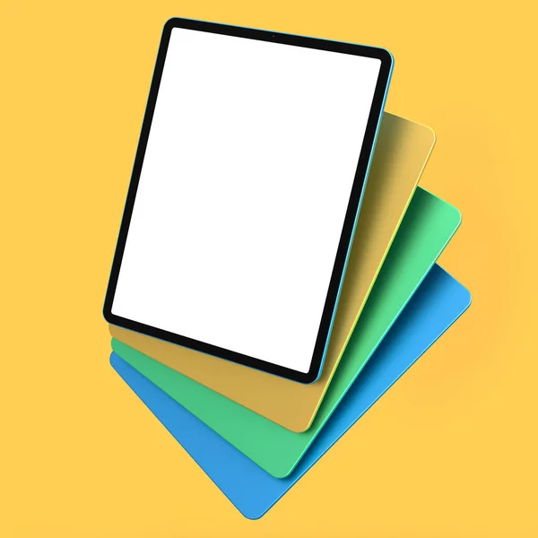 Conjunto de tabletas de ordenador con funda y pantalla en blanco aislada en amarillo. — Foto de Stock