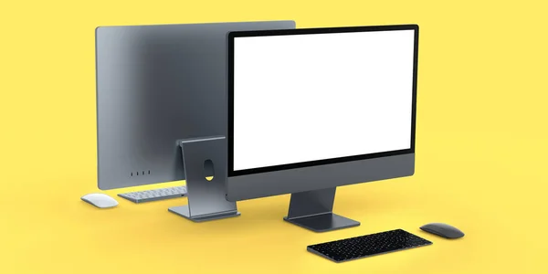 Tela Computador Desktop Com Teclado Mouse Isolados Fundo Amarelo Renderização — Fotografia de Stock