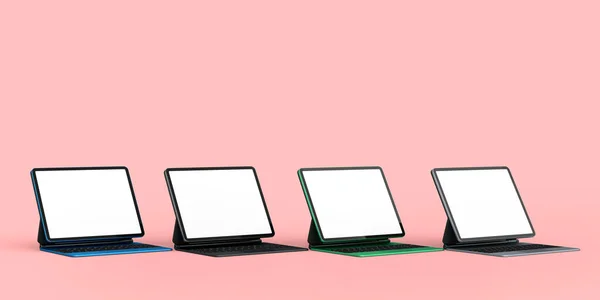 Zestaw Tabletów Komputerowych Klawiaturą Czystym Ekranem Izolowanym Różowym Tle Koncepcja — Zdjęcie stockowe