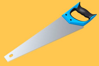Turuncu arka planda izole edilmiş sert dişli el testeresi. Marangozluk işi veya ahşap araçları için 3d görüntüleme ve illüstrasyon